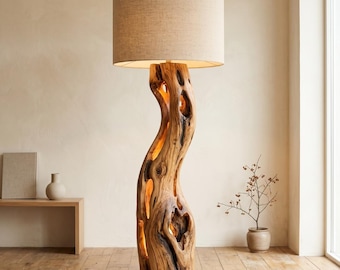 Olive Wood Floor Lamp, Handcrafted Live Edge Trunk, Organic Modern Lighting, Sculptural Rustic Decor