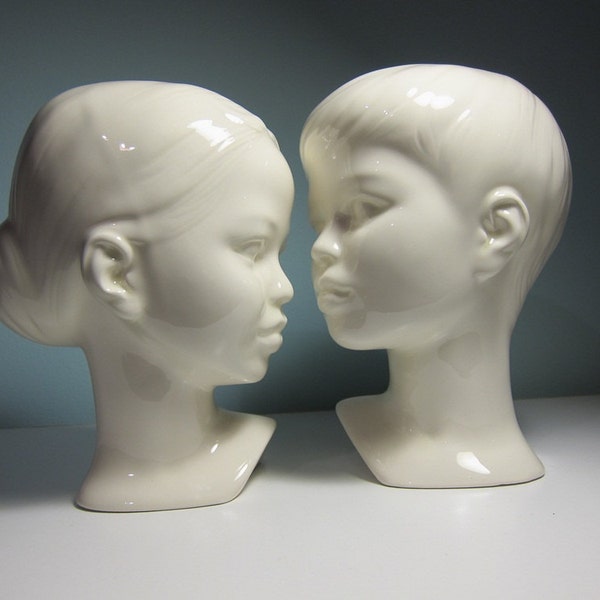 vintage Boy and Girl Ceramic Busts Heads, White Ceramic Holland Mold