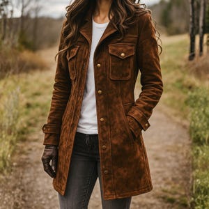 May include: A brown suede jacket with a collared neckline, two chest pockets, and gold-coloured buttons. The jacket is worn over a white t-shirt and dark grey jeans. The sleeves have buttoned cuffs. The person is wearing brown leather gloves.