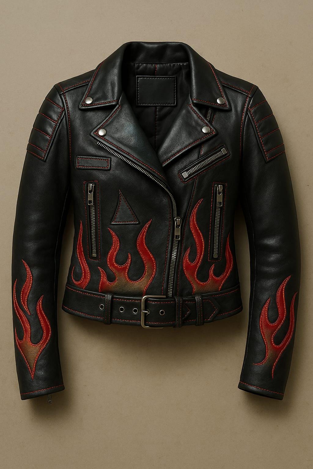 Premium black biker leather jacket with flames design for Women - stylish motorcycle jacket with quilted sleeves and zipper details