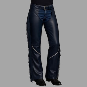 Unisex Blue Leather Fringe Chaps – Western Rodeo Cowboy Riding Pants – Handmade Festival Tassel Pants with Equestrian Biker Style