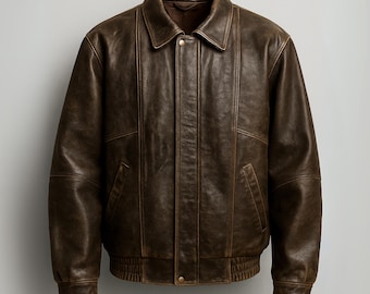 Ręcznie robiona kurtka typu bomber z brązowej skóry w stylu vintage: unisexowy płaszcz lotniczy