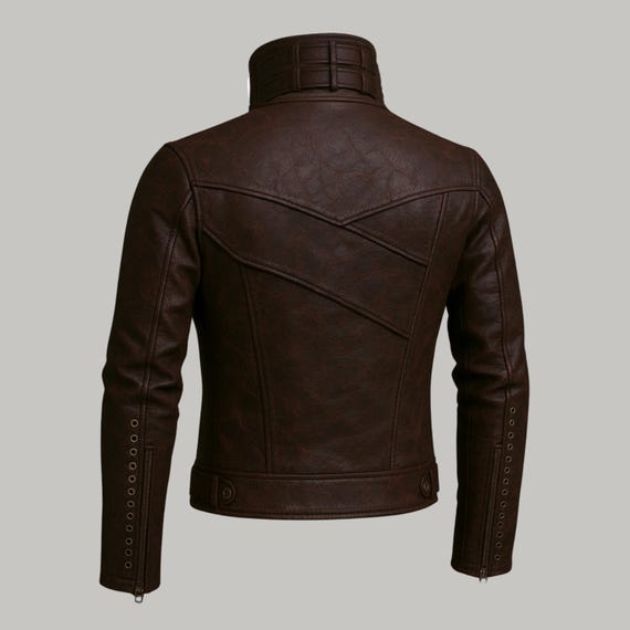 Men's Maroon Steampunk Genuine Leather Jacket – High Collar