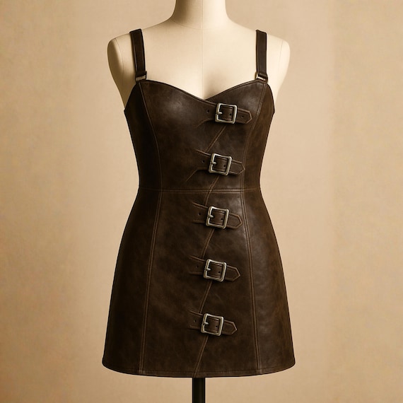 Handmade Cowhide Leather Mini Dress - Brown Bodycon Buckle Strap