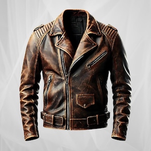 Blouson motard en cuir marron effet vieilli pour homme - Blouson de moto vintage, Blouson de moto classique avec ceinture et épaules matelassées