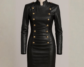 Vestido militar de piel de vacuno negra, minivestido cruzado hecho a mano, cuello alto con botones dorados
