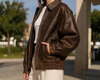 Women’s 80s Oversized Brown Sheep Leather Jacket, Vintage Distressed Bomber Coat, Handmade Leather Outerwear