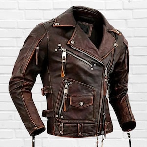 Blouson motard en cuir vintage fait main Brando Blouson moto aviateur en cuir de vachette marron vieilli Blouson en cuir véritable pour motards