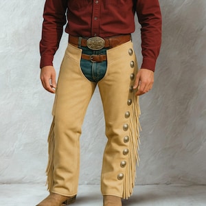 Handmade Suede Leather Fringe Chaps – Western Cowboy Rodeo Pants with Conchos – Vintage Country Festival Riding Gear