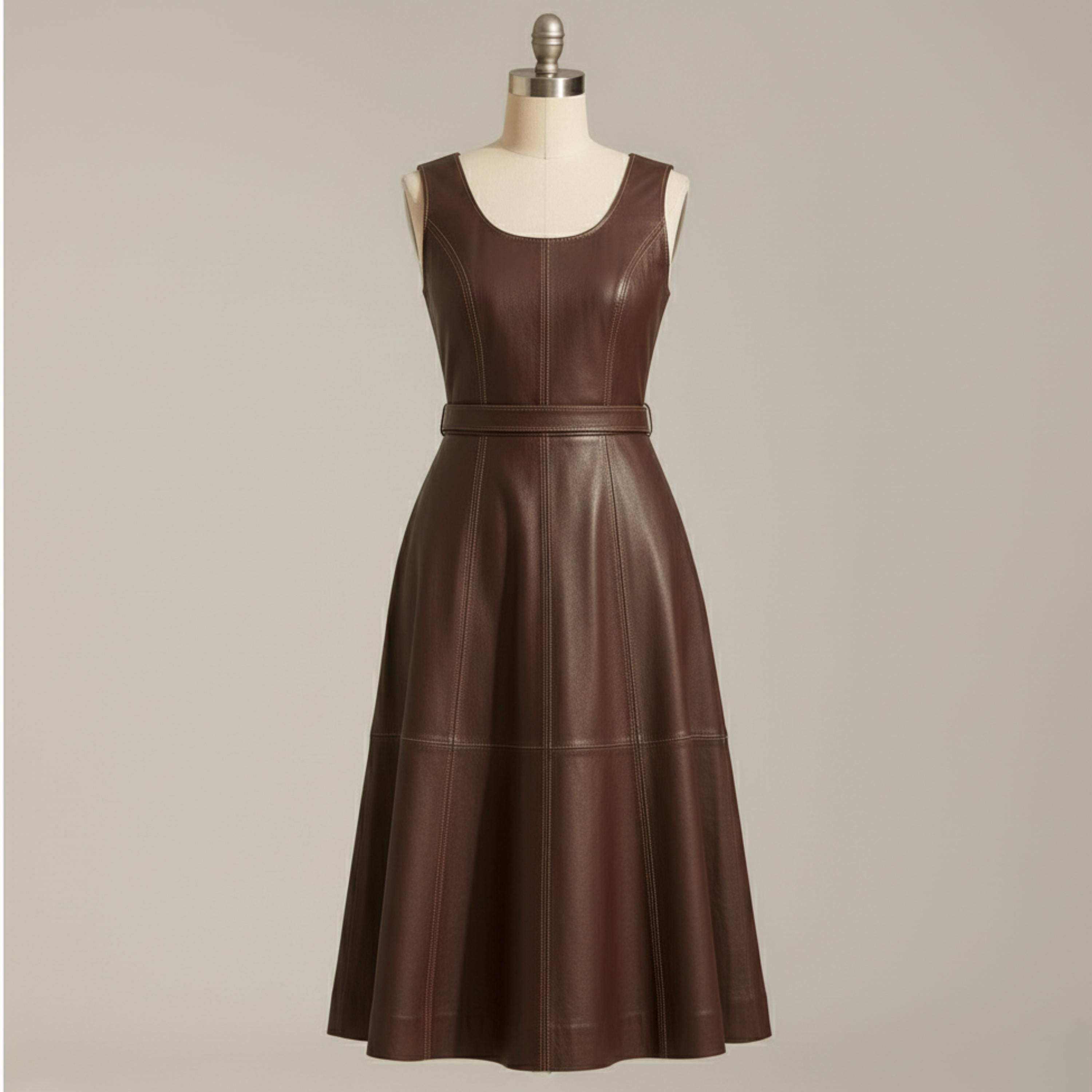 Handmade Brown Leather Midi Dress - Sleeveless A-Line Fit & Flare with Detachable Belt Handmade Brown Leather Midi Dress - Sleeveless A-Line Fit & Flare with Detachable Belt