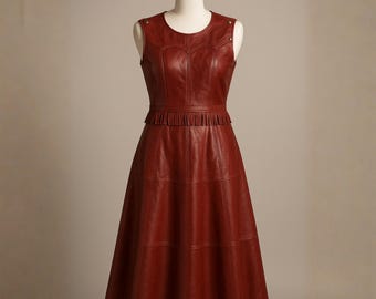 Sukienka midi z prawdziwej skóry bydlęcej, frędzle w talii w stylu western, bez rękawów, rozkloszowana, w stylu vintage