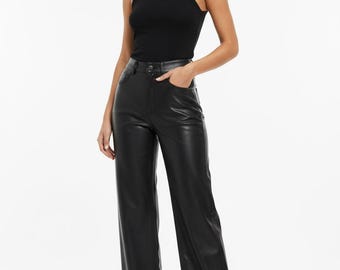 Zwarte leren damesbroek met hoge taille | Broek van echt lamsleer | Moto skinny-fit leren legging