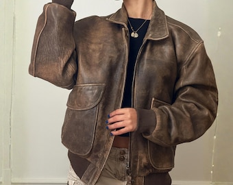 Kurtka typu bomber w stylu vintage, oversize, z prawdziwej skóry dla kobiet, znoszony brązowy płaszcz ze skóry owczej