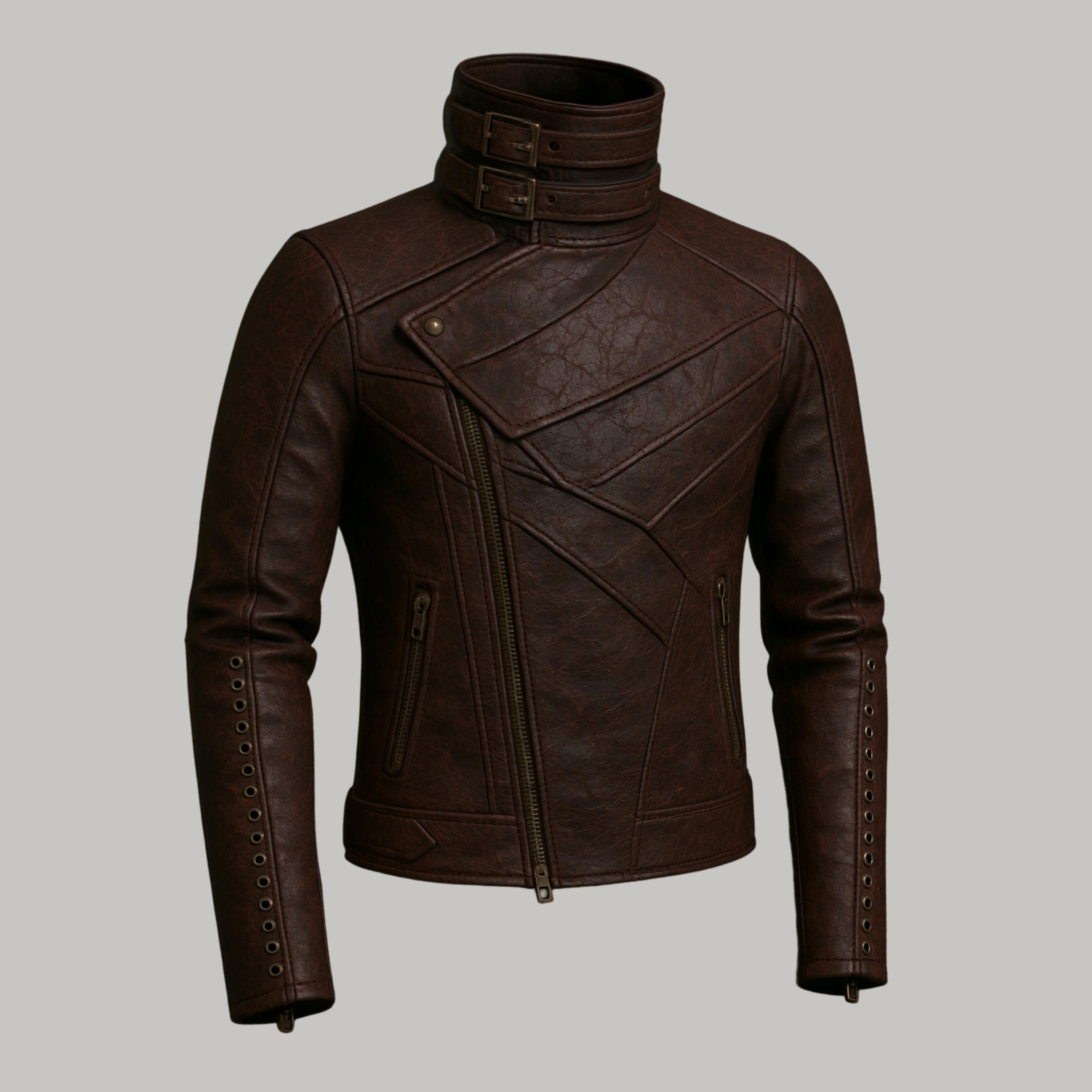 Men's Maroon Steampunk Genuine Leather Jacket – High Collar