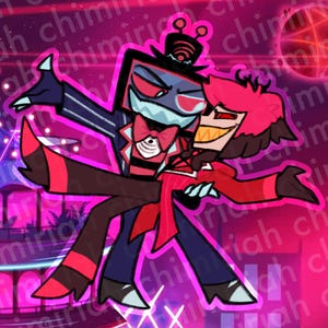 Może przedstawiać: Cyfrowa ilustracja dwóch postaci z kreskówek tańczących. Jedna postać ma na sobie czarny garnitur z cylindrem, a druga czerwony garnitur. Tło jest żywo różowe z planetą i geometrycznymi kształtami.