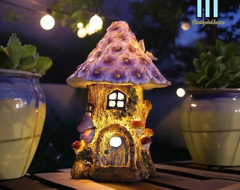 Solar Lights-Up Fairy Garden House, Miniature Fairy Home,Garden Figurine,Resin Mushroom Cottage,Outdoor Decor,Best Gifts For Her,Patio Decor