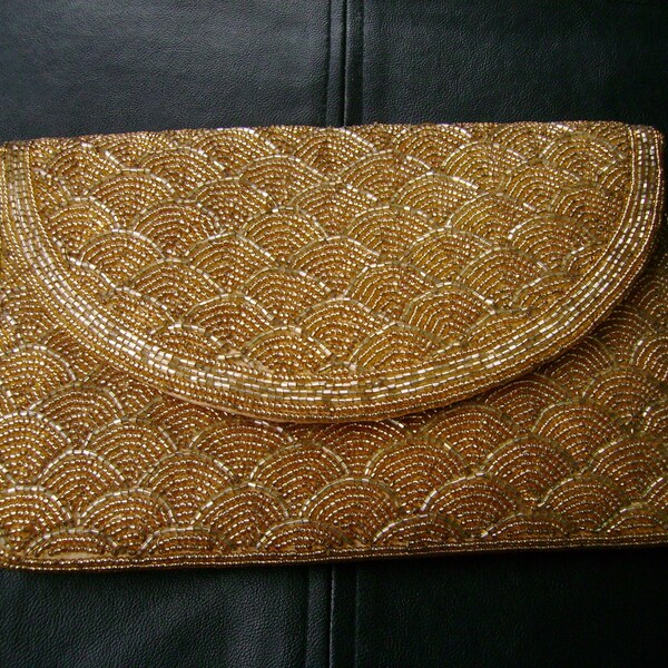 vintage gold beaded clutch - 1980s