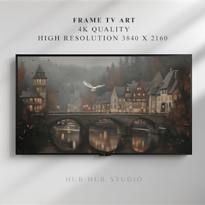 May include: A framed digital artwork for a TV screen. The image depicts a European town with a bridge over a river, with a white bird in flight. The artwork is high resolution, with the text "FRAME TV ART 4K QUALITY HIGH RESOLUTION 3840 X 2160".