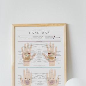 May include: A printable chart showing a hand map for reflexology. The chart shows the location of different body parts on the hands, including the brain, lungs, heart, stomach, and intestines. The chart is in a wooden frame and is on a white background.