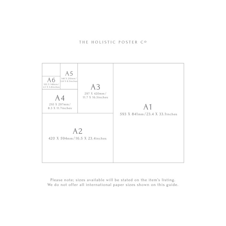 May include: A chart showing the different sizes of paper available for posters, including A1, A2, A3, A4, A5, and A6. The chart includes the dimensions in both millimeters and inches.