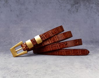 0.5"Slim Croc Embossed Handmade Top Grain Leather Belt