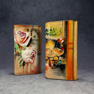 Handgemaltes Kunst Katzen Portemonnaie, Rosen Portemonnaie, Geburtstagsgeschenk, einzigartiges Geschenk