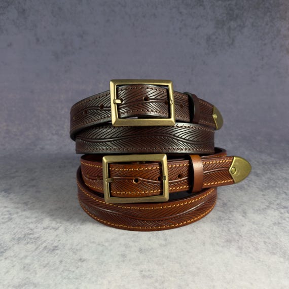 Handmade Cowhide Leather Belt: Vintage Engraved Copper 