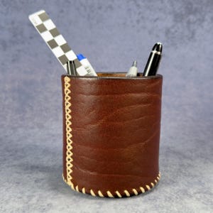 Artisan Stitched Leather Brush Pot - Boho Home Office Decor, Gift for Writers & Professionals