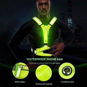 May include: A high-visibility neon yellow waterproof phone bag with a reflective vest design. The bag features a metal zipper, headphone jack, and fits phones from 14 to 21.8 cm. The vest is worn by a person.