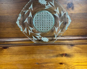 Vintage Etched Green Glass Serving Plate with Handles
