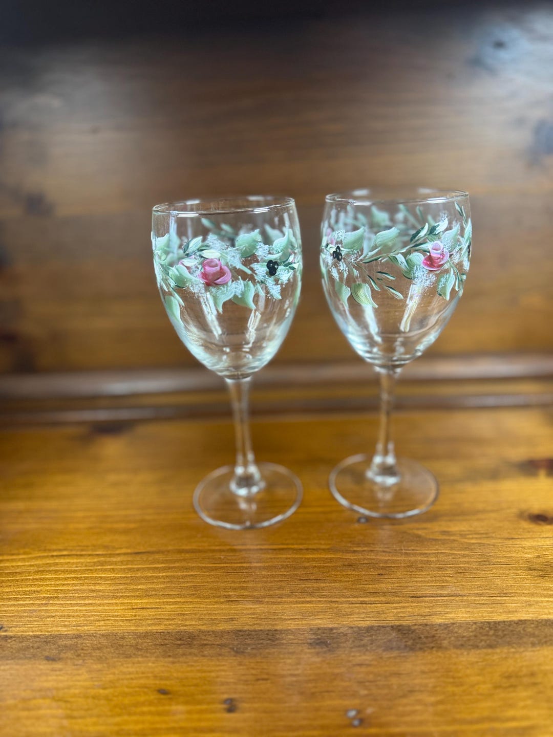 Set of 2 Vintage Hand-painted Floral Wine Glasses | Pink Rose Stemware ...