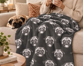 Cute Pug Face Sherpa Blanket | Black and White Dog Print Repeating Pattern | Unique Pet Parent Gift | Plush Fleece Sofa Throw