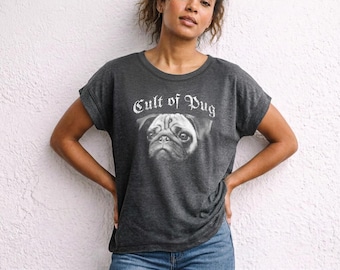 Women's Band Tee | Cult of Pug Punk Rock Relaxed Vintage Washed Black Graphic Shirt | Grunge Concert Tee, Pug Mom Gift