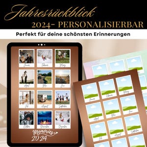 Jaaroverzichtkaart 2024 - personaliseerbaar. Canva-sjabloon met 12 bewerkbare polaroidafbeeldingen, inclusief 5 bonusontwerpen. Direct downloaden.