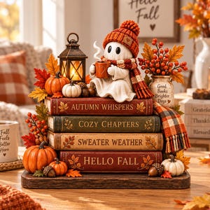 Peut inclure: Une décoration de table représentant un fantôme portant un bonnet et une écharpe en tricot orange, tenant une tasse. Il est posé sur une pile de quatre livres intitulés Autumn Whispers, Cozy Chapters, Sweater Weather et Hello Fall, agrémentée de citrouilles, d'une lanterne et de feuilles d'automne.