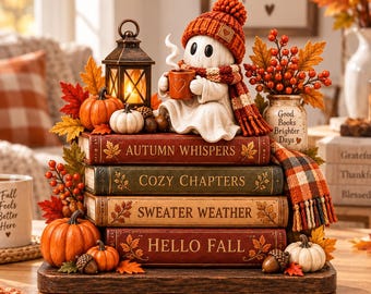 Könnte beinhalten: Eine Tischdekoration mit einer Geisterfigur, die eine orangefarbene Strickmütze und einen Schal trägt und eine Tasse hält. Sie sitzt auf einem Stapel von vier Büchern mit den Titeln Autumn Whispers, Cozy Chapters, Sweater Weather und Hello Fall, verziert mit Kürbissen, einer Laterne und Herbstblättern.