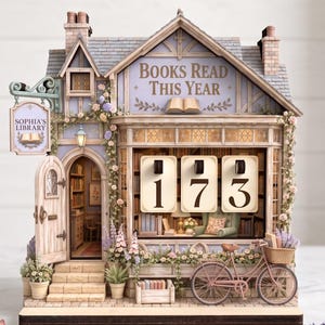 May include: A miniature library building model with a sign reading "Sophia's Library" and a banner stating "Books Read This Year". The structure features a front counter with a mechanical display showing the number 173, a bicycle, and floral accents.