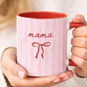Personalized Mom Mug with Name, Custom Nana Grandma Coffee Mug, Pastel Striped Bow Ceramic Cup, Mother’s Day Gift 11oz 15oz image 1