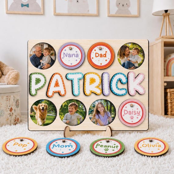 A wooden baby name puzzle with a custom family photo element bridges learning toy and keepsake — genuinely useful from birth through toddler years.
