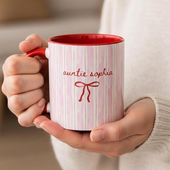 Auntie Mug, Baby Announcement Gift For Aunt, Blue Stripe Coffee Cup, Personalized Pregnancy Reveal, New Aunt Gift Idea, Custom Name Mug