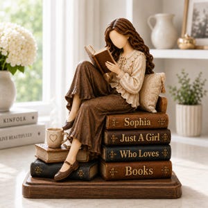May include: A figurine of a person with long brown hair reading a book while sitting on a stack of four books labelled Sophia, Just A Girl, Who Loves, and Books. The person wears a beige blouse and brown skirt, with a small cup featuring a heart icon.