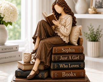 Bloque de madera personalizado "Just A Girl Who Loves Books", estatua de niña lectora, regalo para amantes de los libros, decoración de biblioteca, decoración de estantería de lectura, regalo para chicas lectoras.