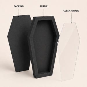 May include: A black coffin-shaped display case shown in three parts: a solid black backing, a hollow black frame, and a clear acrylic cover. Each component is labeled with text reading BACKING, FRAME, and CLEAR ACRYLIC respectively.