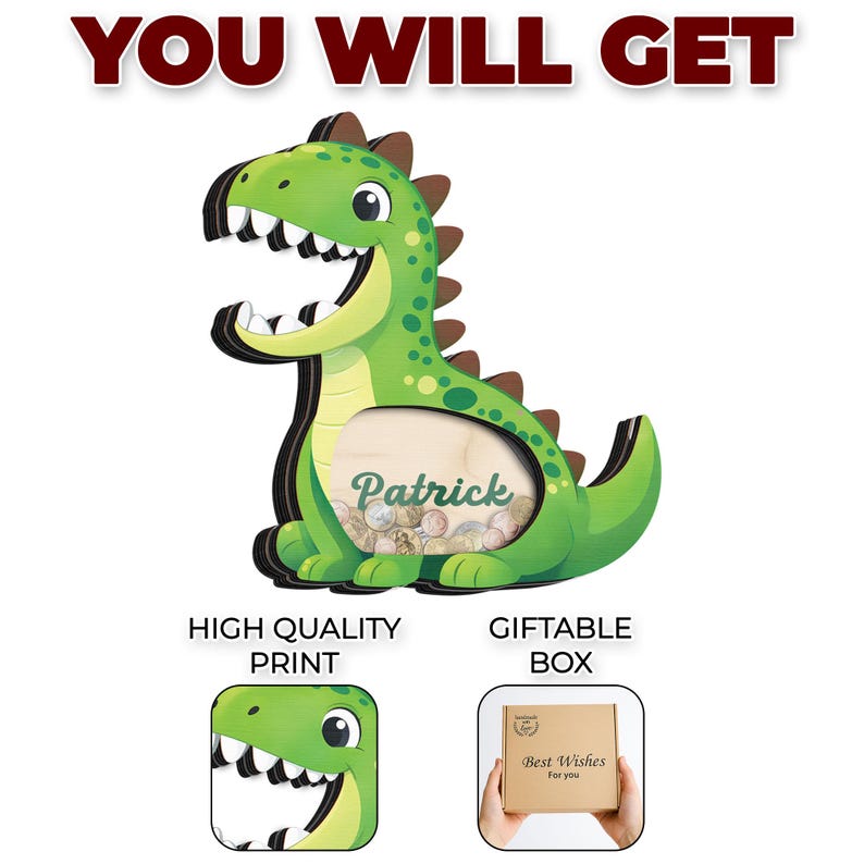 Custom Dinosaur Piggy Bank for Kids,Name Coin Bank,Wooden Dino Nursery Decor, Kids Savings Bank,Birthday Gift for Boys Girls,Gift For Kid image 4