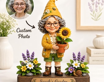 Grandma Garden Gnome 2D FLAT Wooden Block,Custom Photo Sign,Gardening Decor Keepsake,Planting Together Keepsake,Gift for Grandma & Grandpa
