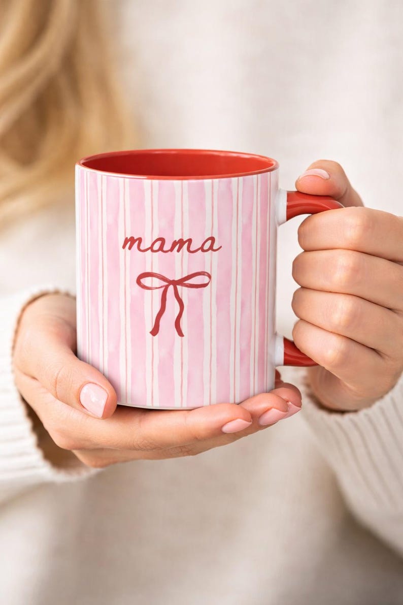 Personalized Mom Mug with Name, Custom Nana Grandma Coffee Mug, Pastel Striped Bow Ceramic Cup, Mother’s Day Gift 11oz 15oz image 1