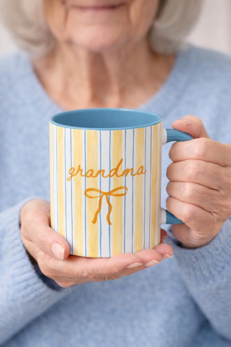 Personalized Mom Mug with Name, Custom Nana Grandma Coffee Mug, Pastel Striped Bow Ceramic Cup, Mother’s Day Gift 11oz 15oz image 7