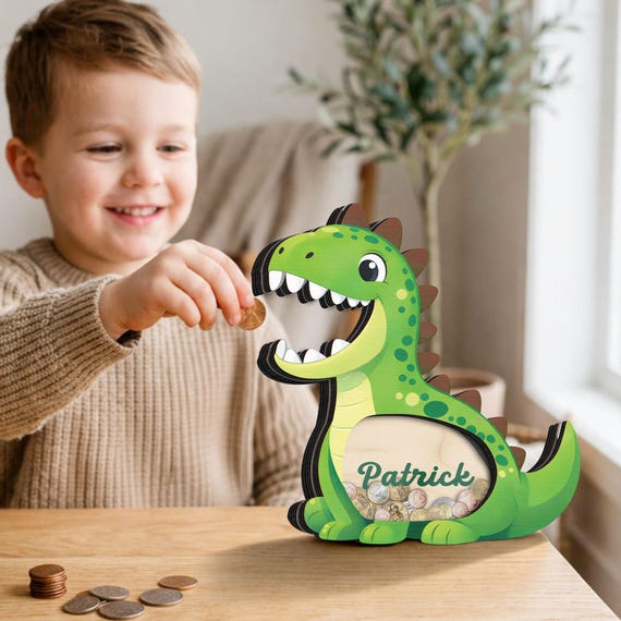 Custom Dinosaur Piggy Bank for Kids,Name Coin Bank,Wooden Dino Nursery Decor, Kids Savings Bank,Birthday Gift for Boys Girls,Gift For Kid