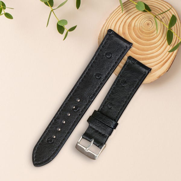 Flat Black Ostrich Leather Watch Band 18mm 20mm 22mm, Handmade Replacement Leather Wristwatch Strap Quick Release