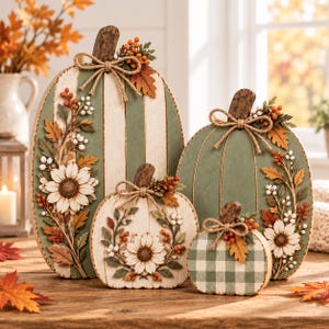 May include: A set of four decorative wooden pumpkins in varying sizes, featuring sage green and cream stripes or gingham patterns. Each pumpkin is adorned with a dark wood stem, a jute twine bow, white floral accents, and orange berries.